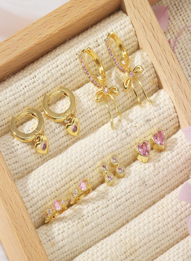 MOONWALTZ Pink Bow Heart Earrings Set for Women 14K Gold Plated Cubic Zirconia Love Heart Bowknot Huggie Hoop Earrings Cute Bow Ribbon Dainty Heart Stud Earrings Set for Multiple Piercing Party Jewelry Gifts - Image 4